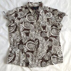 Tommy Hilfiger Women's L Button-Up Brown White Paisley Short Sleeve Cotton Shirt